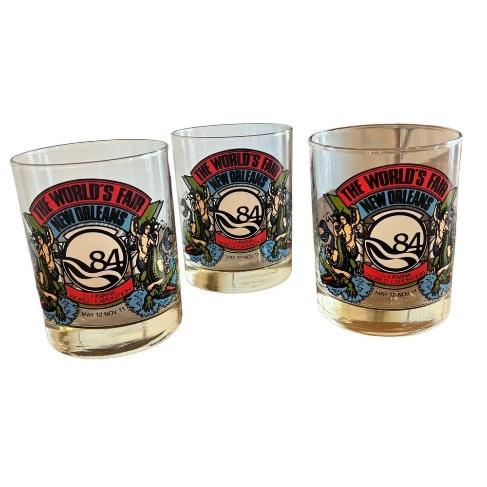 3 Louisiana 1984 Colorful Drinking Glasses Tumblers New Orleans Worlds Fair